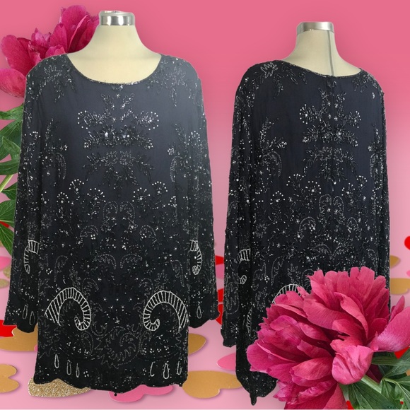 Candlelight& Champagne Tops - CANDLELIGHT & Champagne Beaded  Dark Blue Elegant Designed  100% Silk